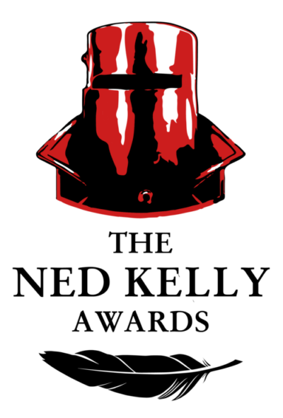 the logo for the 2023 Ned Kelly Awards, featuring Ned Kelly's helmet and a quill