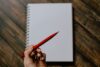 a person holds a red pen in front of a blank page
