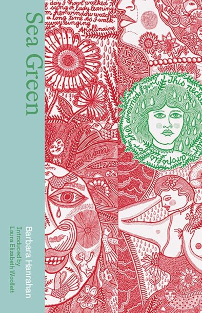 the book cover of Sea Green, a stylised mosaic of illustrations in red and green