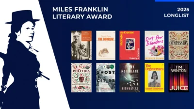 The Miles Franklin 2025 longlist banner of covers.