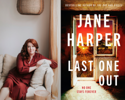 Half the image is of Jane Harper on a couch in an orange dress. The other half is the cover of 'Last One Out' by Jane Harper.