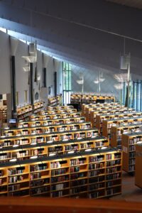 Kuhmo City Library in Finland interior with a lot of bookshelves