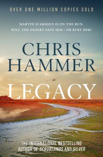 The book cover for Legacy, featuring a river curving gently into a red dust horizon