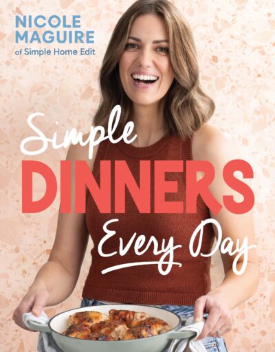 Simple Dinners Every Day cover featuring the author holding a baking dish