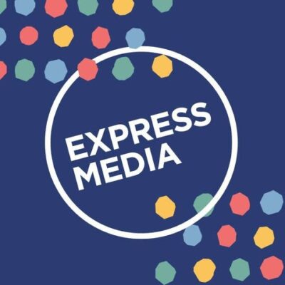 Express Media logo on blue background.