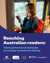 Front cover of Reaching Australian Readers: Testing behavioural strategies to increase recreational reading, showing a commuter standing reading Wild Things by Sally Rippin