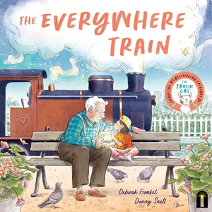 Cover of The Everywhere Train showing an illustration of a grandfather and child sitting on a bench in front of a steam train