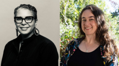 A black and white photograph of Cheryl Leavy next to a colour photograph of Jess Harwood