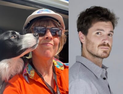 A border collie with author Nic Gill; and graphic novelist Jake Minton, credit Alexandra Phillips.
