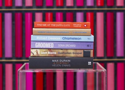 Photograph of shortlisted books in a stack