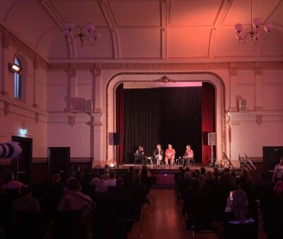 Q-Lit Festival panel Queer Media at Kensington Town Hall, featuring Amy Middleton, Dean Arcuri, Patrick Lenton and Mon Schafter.